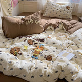 Yeknu Cartoon Animal Embroidery Bedding Set For Adults Kids Cute Flat Fitted Sheet With Pillowcases Washed Cotton Colorful Full Size