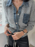 Yeknu  Knitted Autumn Denim Patchwork Cardigan Women Slim Fashion Casual Ladies Cropped Cardigans Korean Style Woman Sweater Coats