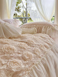 Yeknu  Korean Style Soft Cotton 3D Rose Lace Bedding Set, King Queen Luxury Princess Duvet Cover Bed Skirt Bedspread,High end Home 4pcs