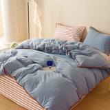 Yeknu Stripe Color Collision Shell Embroidery Student Dormitory Solid Color Four Piece Set