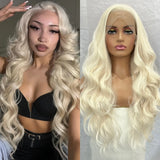 Yeknu  Long Blonde Body Wave Lace Front Wigs for Women Free Part 13X4 Glueless Platinum Blonde Curly Wavy Synthetic Cosplay Party Daily