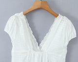 Yeknu  Positioned Lace V-neck White Shirt Top Short Sleeve Summer Chic Chest Tie Slim Women Crop Top Backless Sexy Shirt Blouse