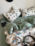 Yeknu Korean Style Ins Retro Fresh Floral Washed Cotton Bed Four Piece Duvet Set, Student Dormitory Bed Sheet Three Piece Set