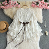 Yeknu  Sweet Lace Patchwork Waist Long-sleeved Dress + Leather Vest 2-piece Set Dresses Women's Boho Beach Holiday Short Dress Set