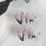 Yeknu  10PCS hand pressed almond shaped nails, beautiful fake nails, elegant light purple nail art, personalized bow, suitable for wome