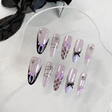 Yeknu  10PCS hand pressed almond shaped nails, beautiful fake nails, elegant light purple nail art, personalized bow, suitable for wome