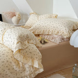 Yeknu INS Princess Ruffle Edge Gauze 100% Cotton Pillow Case Breathable Duvet Cover Without Filler 3PCS Floral Home Bedding Set