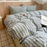 Yeknu Ins Nordic Bedding Set Striped Pure Cotton Duvet Cover Set Skin-Friendly Single Twin Full Queen Size Flat & Fitted Sheets Set