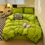 Yeknu  Ins Style Bow Embroidery Pure Cotton Bed Sets Princess Brushed Bedding Set with Lace Single Double Queen King Size Bedclothes