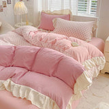 Yeknu  4pcs  Korean lace Duvet Cover Set (1*Duvet Cover + 2*Pillowcase, bed sheet), Pink checkered print Bedding Set