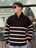 Yeknu New Winter Half-Zip Sweaters Men Korean Fashion Long Sleeve Striped Loose Pullovers Heavyweight Thick Warm Knit Tops Sweter