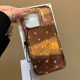 Yeknu  Retro Amber Texture Laser Phone Case For iPhone 11 12 13 14 15 16 Pro Max XS X XR 7 8 Plus 16E SE Flower Pattern Cover