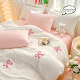 Yeknu  3 Piece Sheet Set Pink bowknot embroidery duvet cover Set ， comfortable Bedding Set Bedspread for All Season