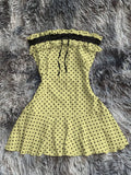 Yeknu  Women Frill Trim Polka Dot Print Contrast Lace Strapless Mini Dress