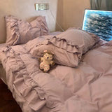 Yeknu  Princess Style Purple Ruffle Duvet Cover Set - Washed Cotton 4-Piece/3-Piece Bedding Double Size/Dorm Sheet Set
