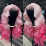 Yeknu  Long Pink Ombre Wig  Body Wave Synthetic Hair Middle Part 13X4 Curly Wavy Light Pink Highlight Gradient Colored Wigs for Women