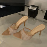 Yeknu  New Summer Pointed Toe Mesh Rhinestone Slippers Woman Elegant Mules Stiletto Heels Sandal Mujer