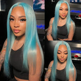 Yeknu  Long Blue Lace Front Wig Silky Straight Synthetic Hair Free Part Light Blue Kinky Straight 13X4 Frontal Colored Wigs for Women
