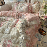 Yeknu 3/4Pcs Korean Princess Style Floral Ruffles Bedding Set Skin-friendly Soft Duvet Cover Set Bed Sheet Or Bed Skirt Pillowcases