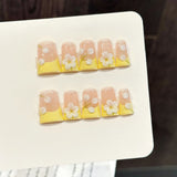 Yeknu  10Pcs Duckbilled Yellow French Artificial Nails 3D White Flower Design Handmade Press on Nails Summer Wearable False Nail Tips