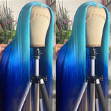 Yeknu  Long Blue Ombre Wig Silky Straight Synthetic Hair Pre Plucked Highlight Blue Gradient Colored 13X4 Lace Front Wigs for Women