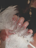 Yeknu  Glitter Fairy Rhinestone False nail Tips for Bride lady Wearable Sweet Crystal Design Press on Nails Mid Length Fake Nail Patch