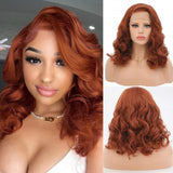 Yeknu  Copper Red Short Curly Wavy Bob Wig Synthetic Lace Front Wig Ginger Orange Auburn Colored Loose Wave 13x4 Frontal Wigs for Women