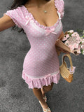 Yeknu  Sunnyshic Women's Fashion Polka Dot Print Ruffle Trim Bow Tie Dress Pink Polka Dot Dress Picnic Dress For Ladies Doll Dress For