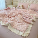 Yeknu  Ins Style Washed Cotton Bedding Set, Lace Trim Twin Size Dorm Bedding 3/4 Pcs