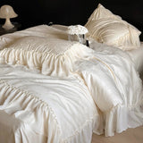 Yeknu  European Floral Jacquard Bedding Set, High end Premium Cotton Duvet Cover Set,Lace Edge Cream Color Quilt Set for Girls' Bedding