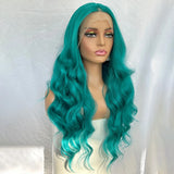 Yeknu  Long Green Body Wave Lace Front Wigs for Women Middle Part Blue Curly Wavy Syntehtic 13X4 Glueless Pre Plucked Cosplay Party Use