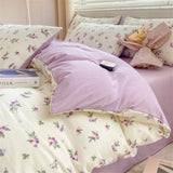 Yeknu  Textiles Soft Four-piece Bedding Set Pillowcase Purple Washed Cotton Flower Duvet Cover for Children Women Men Bed Sheet