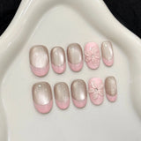 Yeknu  10pcs Handmade Short Almond Press on Nails Ice Clear Milk Tea Fake Nails Wearable Reusable 3D Carved Flower Cat Eye False Nails
