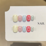 Yeknu  10Pcs Handmade Press On Nails Short Square Fake Nails Pastel Color Star & Rhinestone Full Cover Reusable False Nails for Women