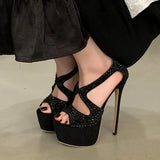 Yeknu  Diamond Peep Toe Sandals Woman Stiletto High Heels Zipper Shoes Sexy Nightclub Striptease Pumps