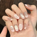 Yeknu  10pcs Handmade Short Almond Press on Nails Ice Clear Milk Tea Fake Nails Wearable Reusable 3D Carved Flower Cat Eye False Nails