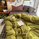 Yeknu Bedding Set Ins Ambiance Blue Coffee Grid Mixed With Washed Cotton Minimalist Flat&Fitted Sheets Duvet Cover Set With Pillowcase