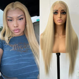 Yeknu  Long Honey Blonde Silky Straight Synthetic Lace Front Wigs for Women Free Part Ash Blonde Heat Resistant Fiber for Dailly Party