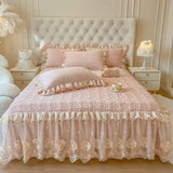 Yeknu  1.5X2m/1.8X2m Velvet Heavy Fluffy Flower Lace Ruffled Sweet Princess Girl Bed skirt,Delicate With 1Bed Skirt 2pillowcases