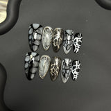 Yeknu  10pcs Handmade Almond Press on Nails Autumn Retro Brown Fake Nails Wearable Silver Butterfly Baroque Design Wearable False Nails