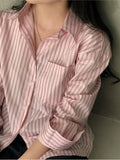 Yeknu  Spring Summer Pink Striped Print Shirt Tops Women Casual Loose Korean Style Pleated Ladies Blouses Modis Long Sleeve Woman Shirt