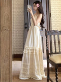 Yeknu  New Summer French Sleeveless Suspender Dress Seaside Vacation Long Beach Dress Ruffle Cake Backless Sexy Maxi Dresses