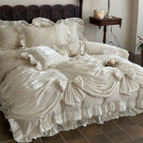 Yeknu  New Retro French Style 3D Oil Painting Floral Duvet Cover Set, Princess Ruffled 100% Cotton Dark Coffee Color 4-in-1 Bedding Set