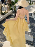 Yeknu  Yellow Backless Suspender Dress Female Summer Bohemian Seaside Holiday Beach Long Dress