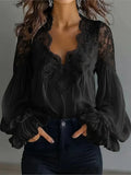 Yeknu  Summer Spring Lace Blouse Pleated Shirt Women Modis V-neck Sexy Puff Sleeve Ladies Blouses Elegant Woman Shirts New