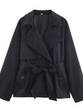Yeknu  Women Lapel Lace Up Short Trench Coat Casual Full Sleeve Double Breasted Loose Cropped Windbreakers New Lady Commute Coats