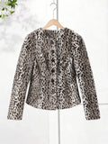 Yeknu  Autumn Winter Chic Leopard Print Crop Jacket Women Modern O-neck Single Breasted Full Sleeve Coat Female Outwears New