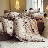 Yeknu  4-pcs Set with Linen Touch, Pure Polyester Material Ruffled Romantic Bow Design Girl Woman Bedroom Bedding Set Colored Flowers