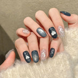 Yeknu  10Pcs Handmade Press On Nails Short Oval Black Cat Eyes Glitter Sequins Fake Nails for Lady Women Wearable Full Cover False Nail