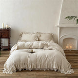 Yeknu 20% Linen And 80% Cotton Double Layer Lace Ruffles Vintage French Bedding Set Duvet Cover Flat/Fitted Bed Sheet Pillowcases 4Pcs